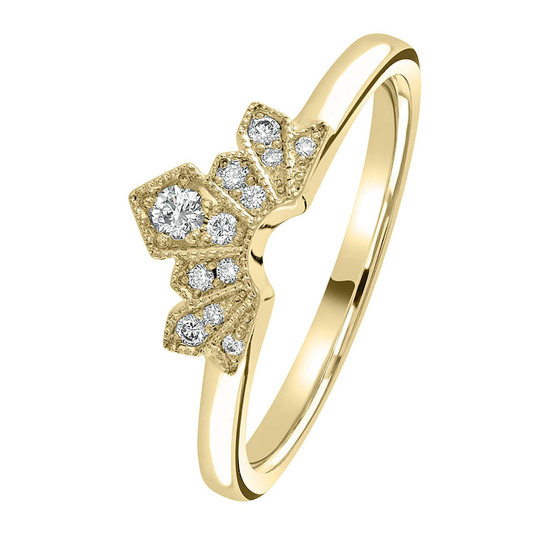 Gold ring with diamond accents on a white background