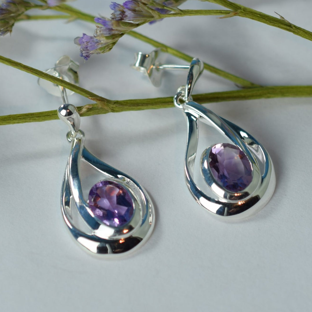 Silver Swirl Amethyst Drop Earrings