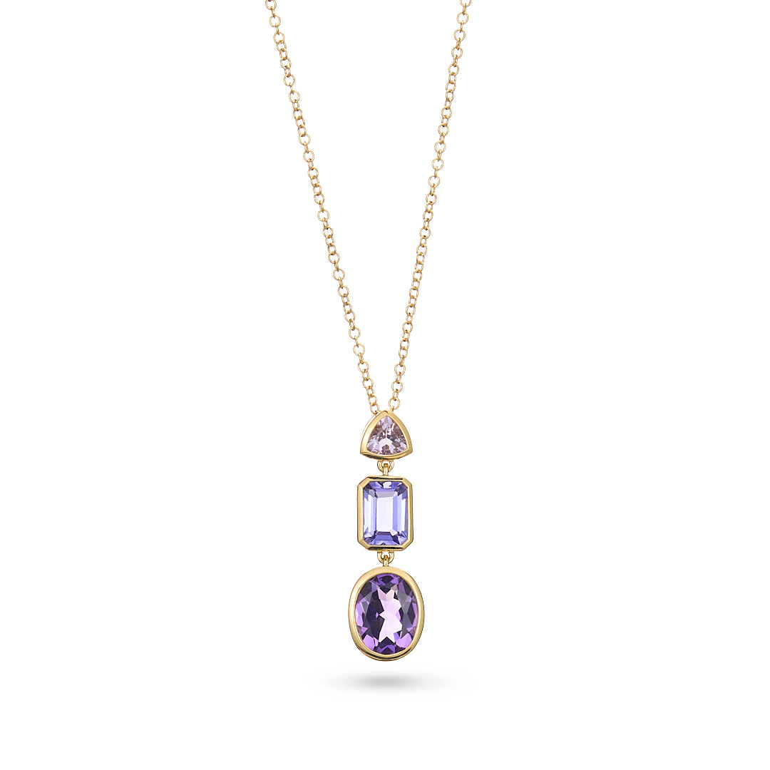 18ct Gold Tanzanite & Amethyst Drop Pendant