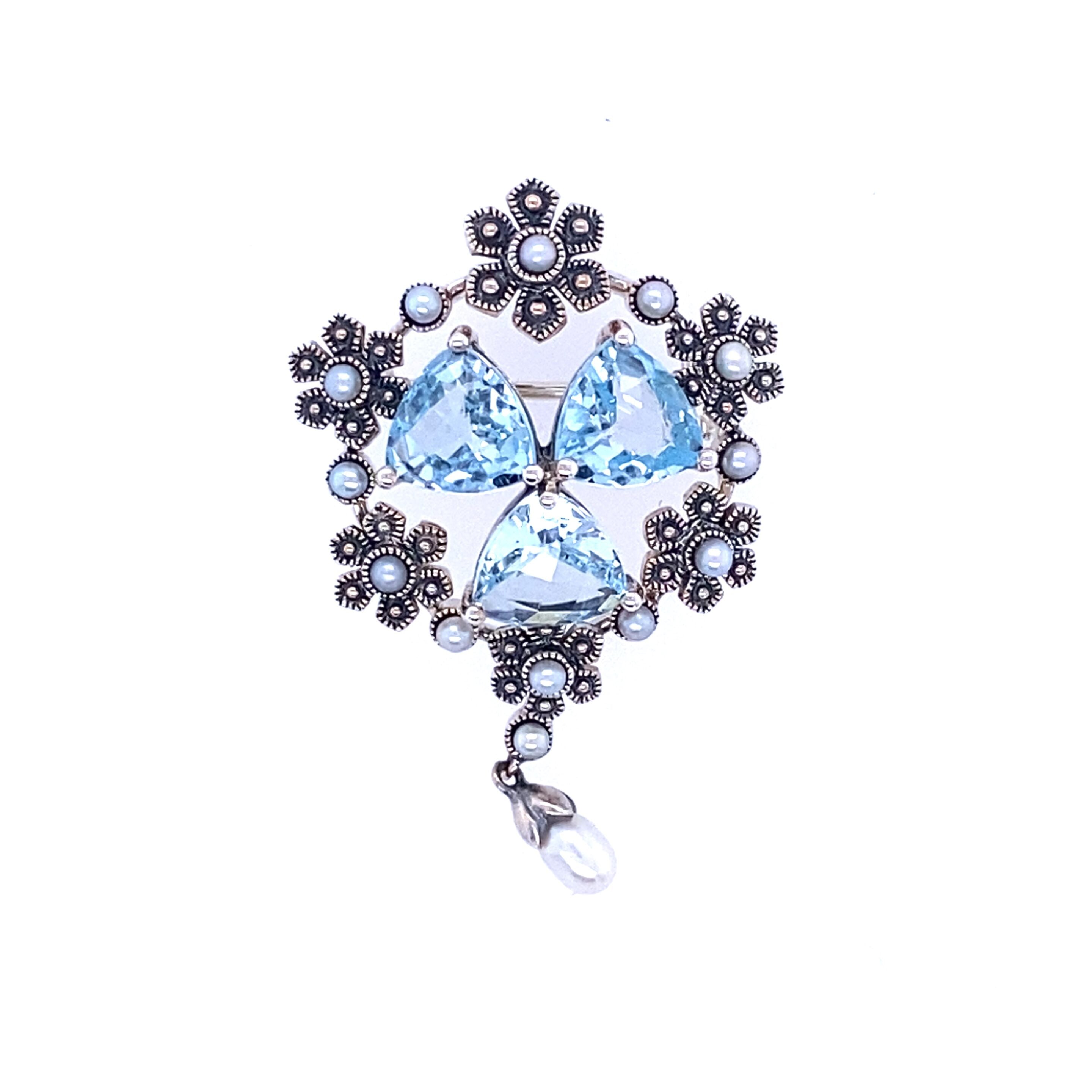 Blue Topaz & Pearl Brooch Pendant