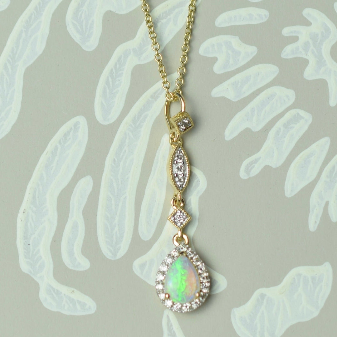 Opal & Diamond Cluster Drop Pendant