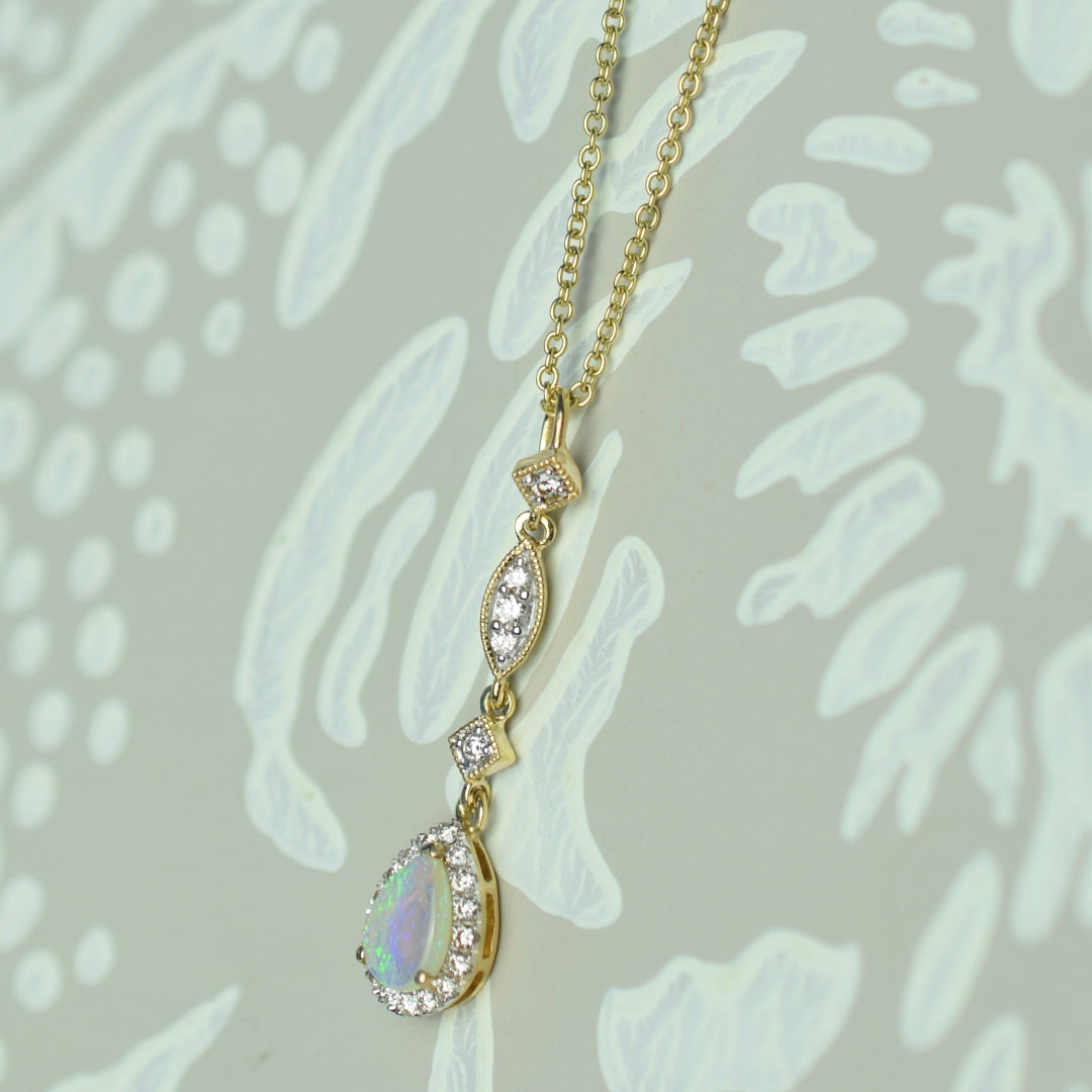 Opal & Diamond Cluster Drop Pendant
