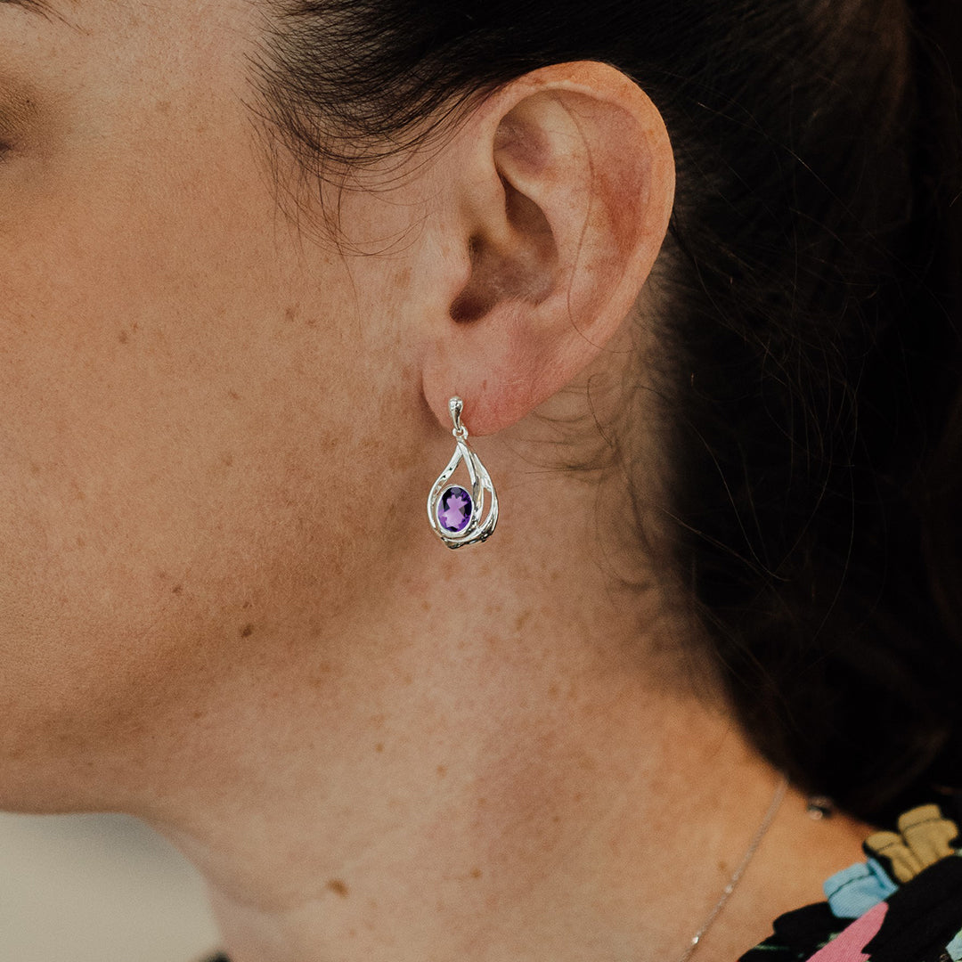 Silver Swirl Amethyst Drop Earrings