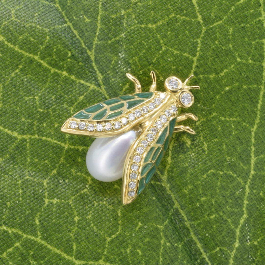 Diamond & Pearl Plique-a-Jour Cicada Brooch