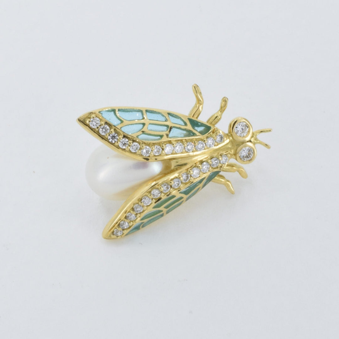 Diamond & Pearl Plique-a-Jour Cicada Brooch