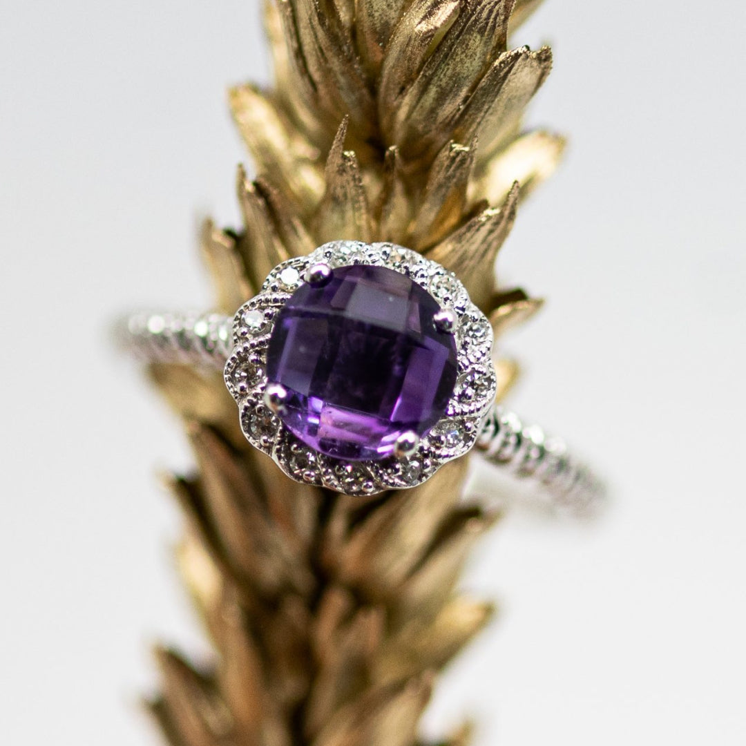 Vintage Style Amethyst & Diamond Halo Ring