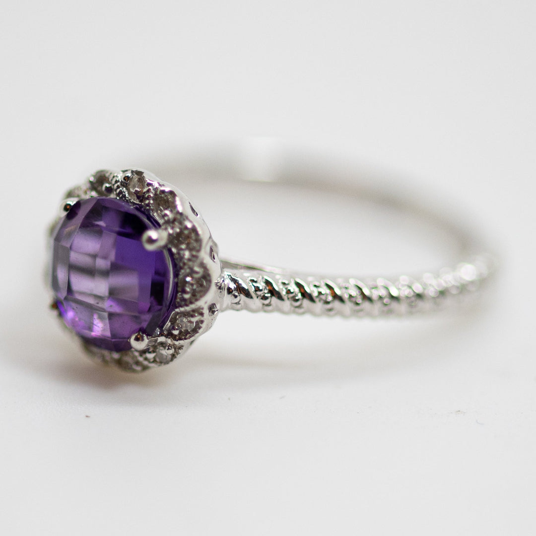 Vintage Style Amethyst & Diamond Halo Ring