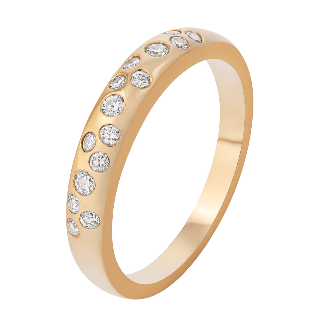 Rose gold ring with embedded diamonds on a white background