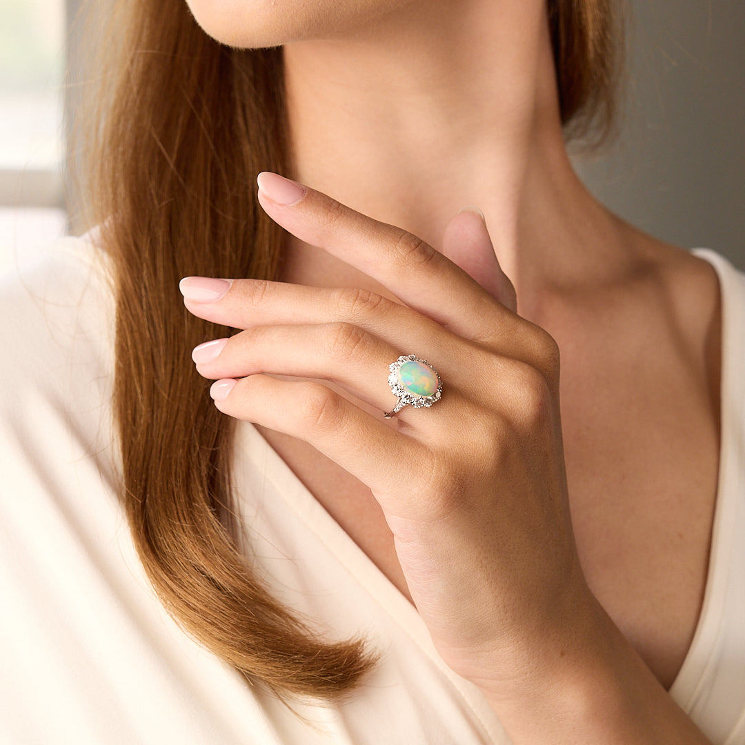 Opal & Diamond Halo Ring