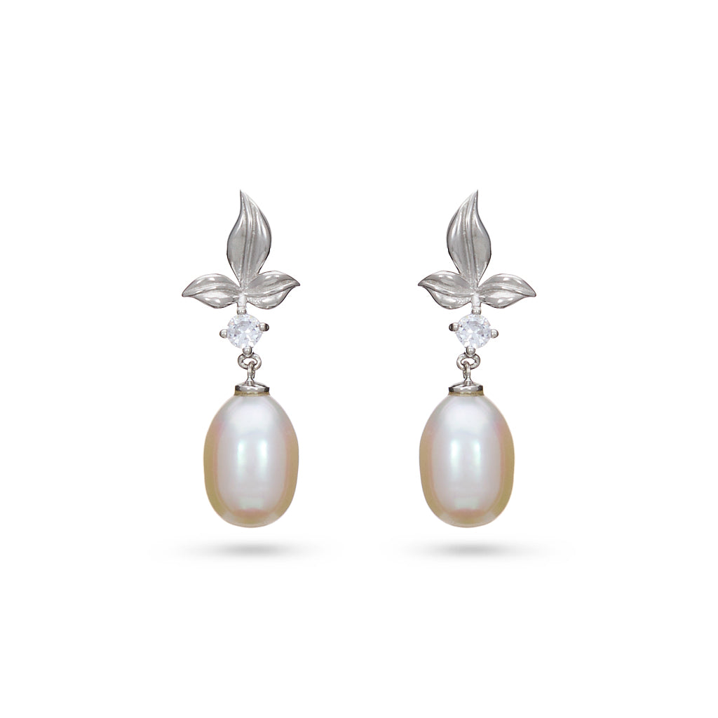 Pearl & CZ Leaf Drop Earrings