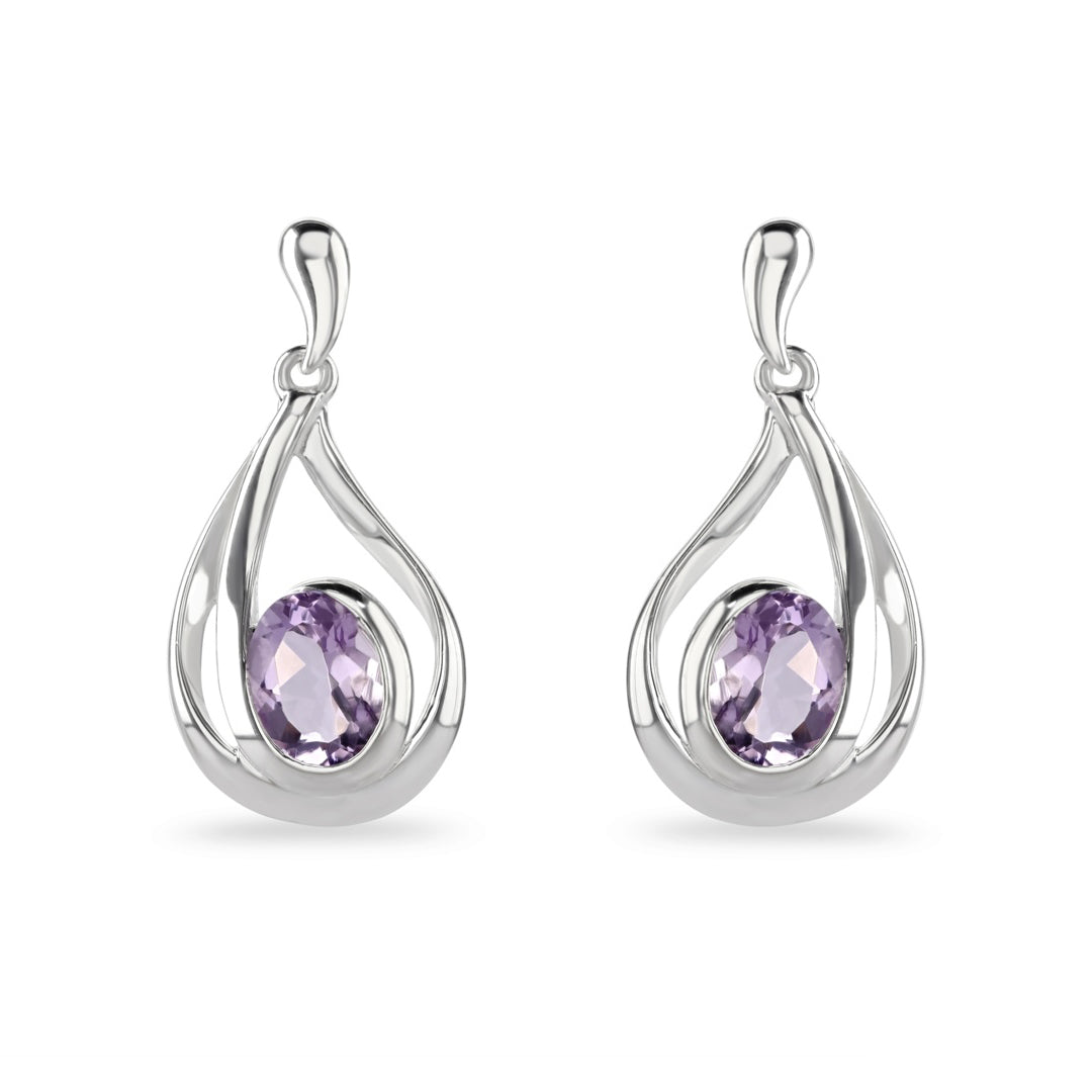 Silver Swirl Amethyst Drop Earrings
