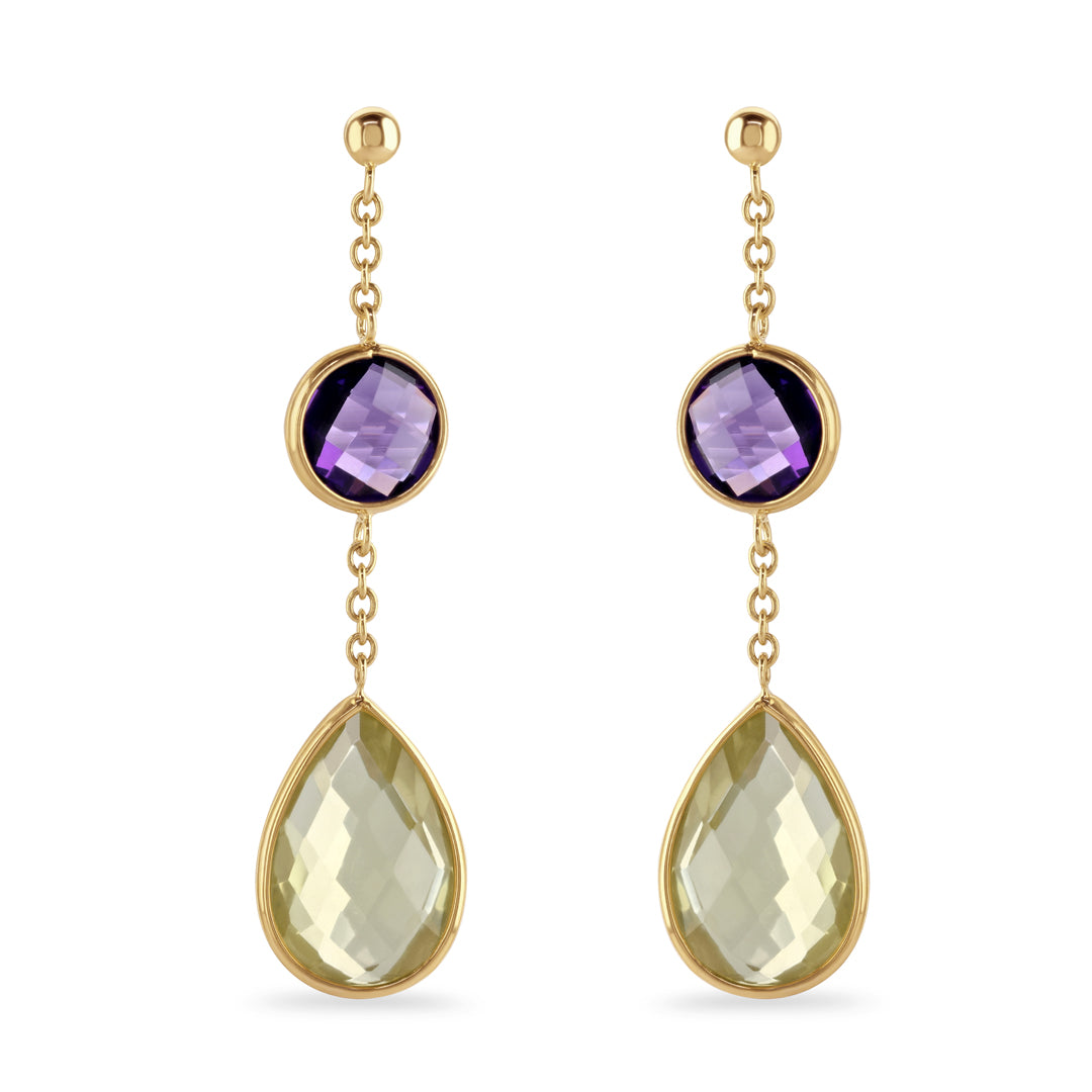 Yellow Quartz & Amethyst Drop Earrings