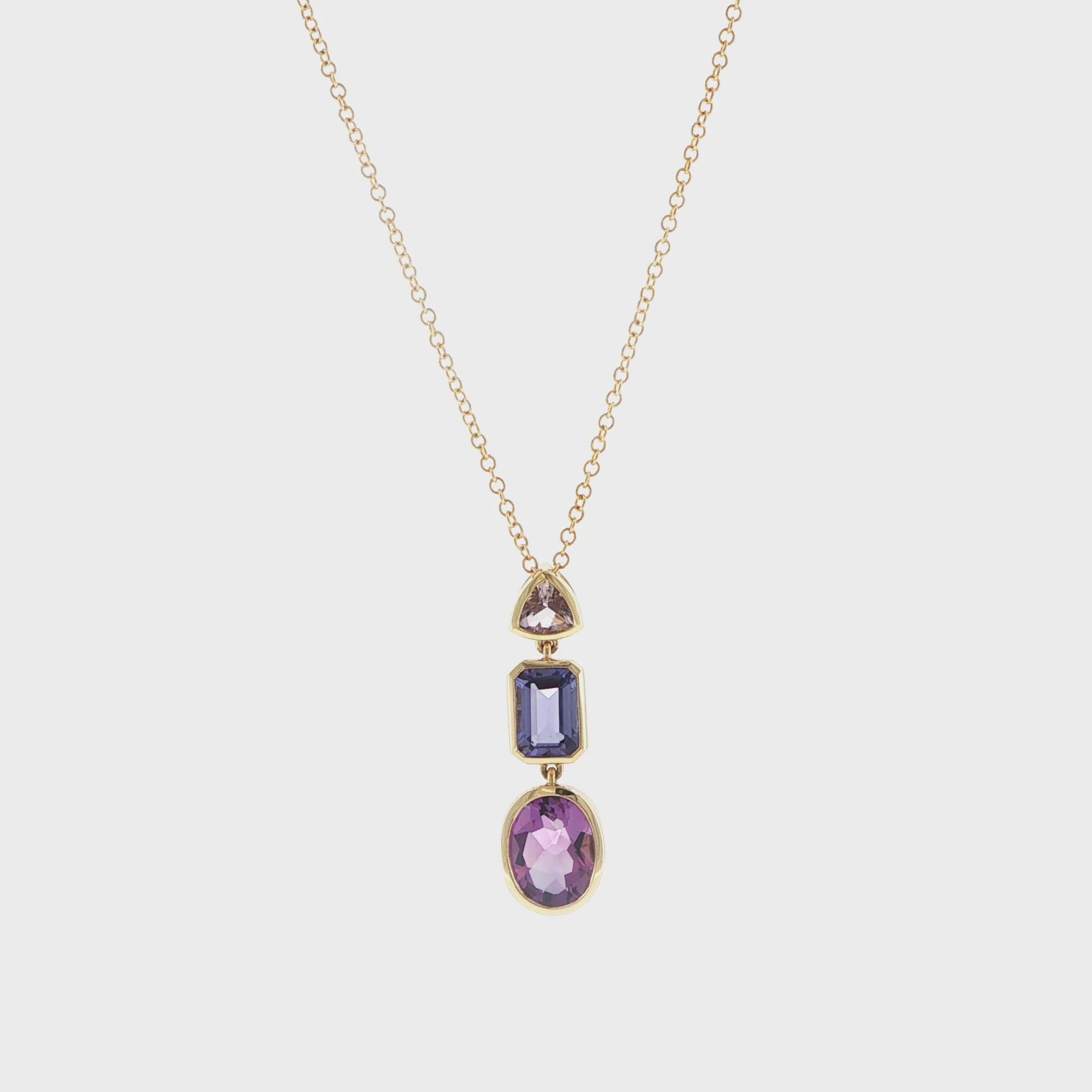 18ct Gold Tanzanite & Amethyst Drop Pendant